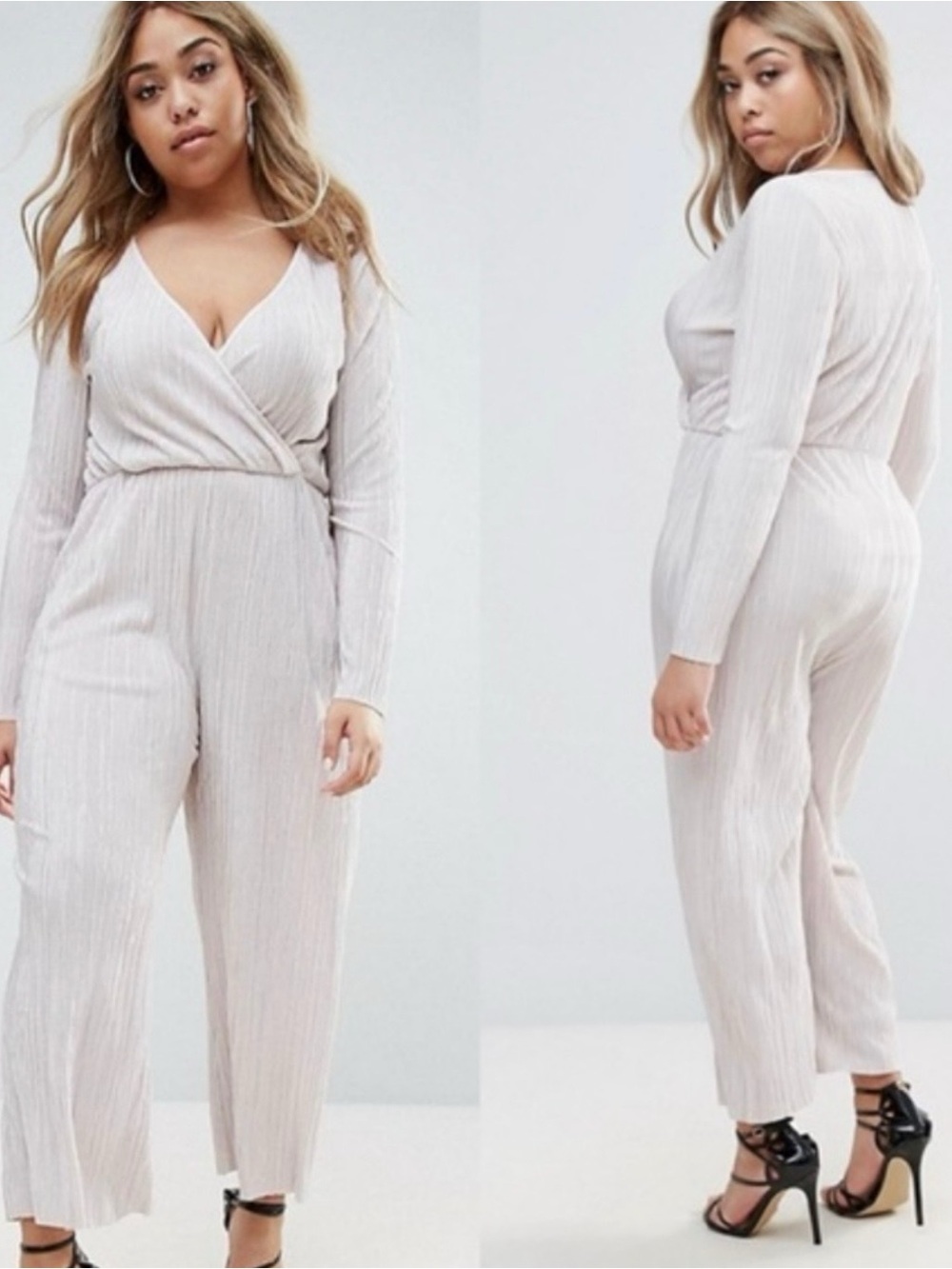 ASOS ivory pleated long sleeve jumpsuit